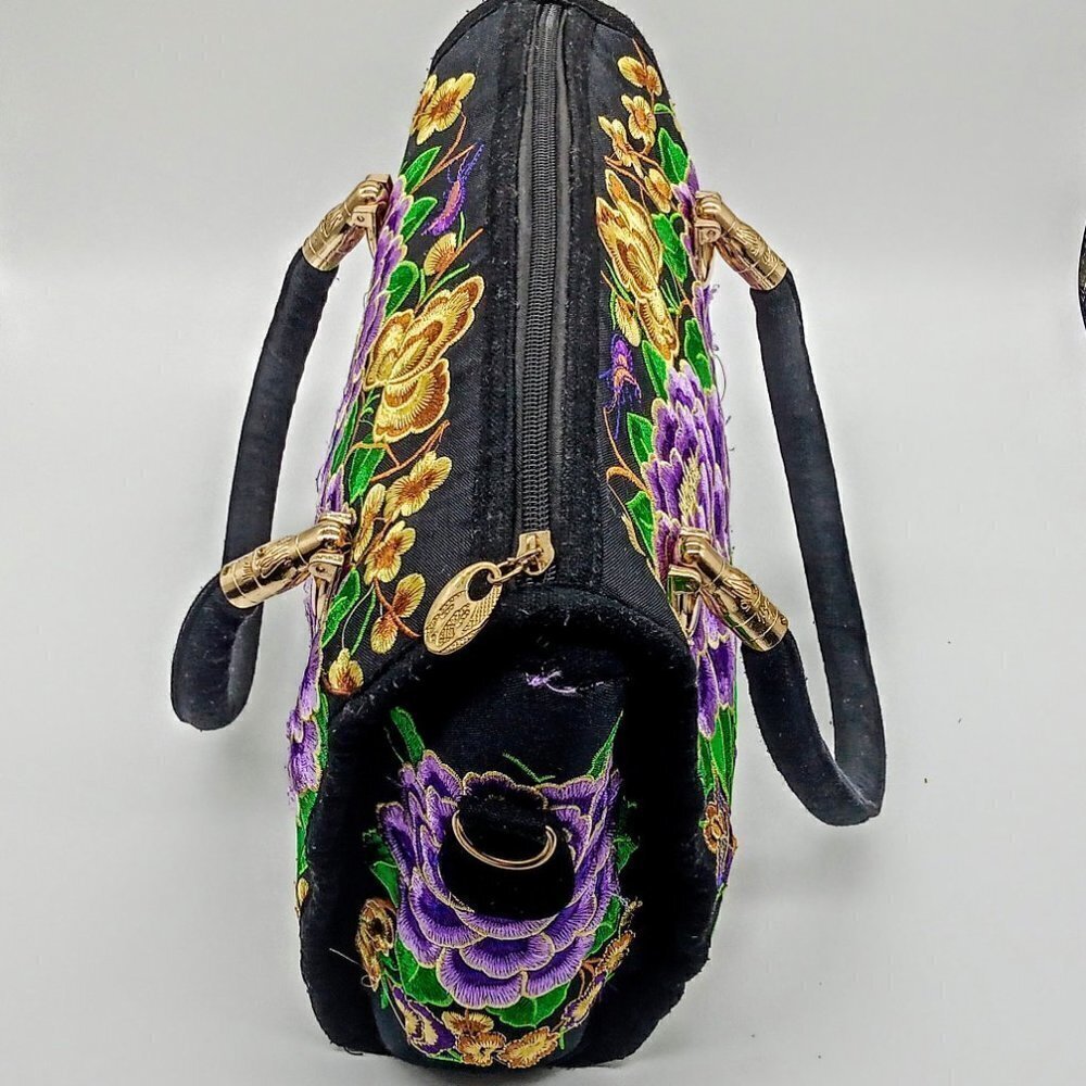Purple Green Gold Floral Embroidered Satchel Bag - Picture 4 of 7